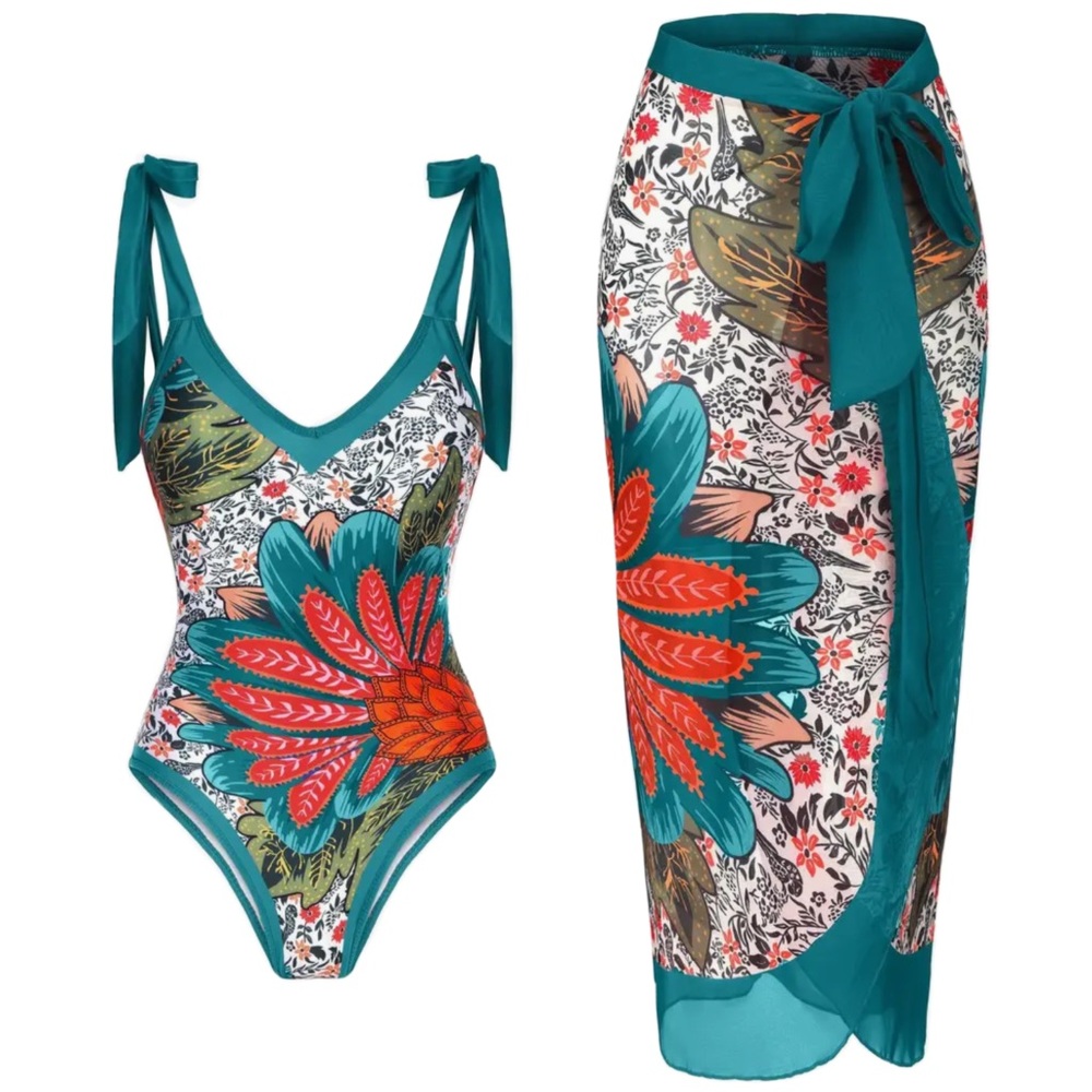Peacock Blue Floral Print 1-Piece Bathing Swim Suit w Coverup Wrap Skirt